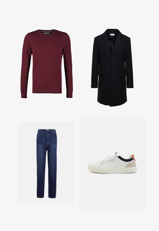 Manteau en laine bleu marine foncé au fit ajusté, à boutonnage simple, avec revers en pointe et deux poches à l'avant, doté d'une fermeture à bouton.; Pull en jersey bordeaux avec un col rond, fabriqué en tissu lisse, doté de manches longues et de poignets et ourlet côtelés pour une texture supplémentaire.; Jean en denim bleu foncé, avec un design à jambe droite, cinq poches, une fermeture à bouton et de subtils détails de couture horizontale.; Baskets en cuir blanc avec un design bas, accent en tissu bleu marine sur le col et onglet de talon en daim rose pâle. Semelle en caoutchouc.