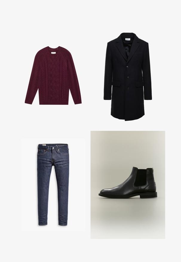 Manteau en laine bleu marine foncé au fit ajusté, à boutonnage simple, avec revers en pointe et deux poches à l'avant, doté d'une fermeture à bouton.; Pull en maille bordeaux avec un design de câbles texturés, col rond côtelé et manches longues, fait en fil doux et épais.; Jean slim-fit Levi's Performance bleu foncé avec cinq poches et coutures visibles sur fond blanc.; Botte Chelsea en cuir noir avec panneau latéral élastique et talon bas, vue de côté extérieur sur fond neutre.