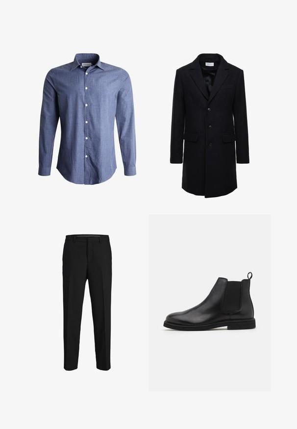 Manteau en laine bleu marine foncé au fit ajusté, à boutonnage simple, avec revers en pointe et deux poches à l'avant, doté d'une fermeture à bouton.; Chemise à manches longues bleue en tissu léger, avec un col classique, un devant à boutons et des boutons blancs. Texture lisse, design polyvalent.; Pantalons noirs en tissu lisse, présentant une coupe droite, des passants de ceinture et un devant plat sans motifs ni embellissements visibles.; Bottines Chelsea en cuir noir avec panneaux élastiques sur les côtés et une languette. Bout arrondi et semelle en caoutchouc plate, mettant en valeur une finition lisse.