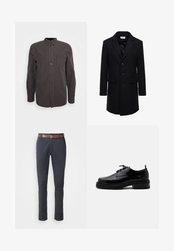 Manteau en laine bleu marine foncé au fit ajusté, à boutonnage simple, avec revers en pointe et deux poches à l'avant, doté d'une fermeture à bouton.; Chemise à manches longues à carreaux bruns et noirs avec un bouton à l'avant, un col pointu et une poche sur la poitrine gauche. Tissu en coton avec une texture lisse.; Pantalon bleu marine slim, fabriqué en tissu mélangé de coton, doté d'une ceinture en cuir marron et de détails subtils sur les poches avant.; Chaussure en cuir noir poli à lacets, semelle en caoutchouc épaisse et talon bas, texte de marque "SAMSOE" sur le côté et languette arrière.