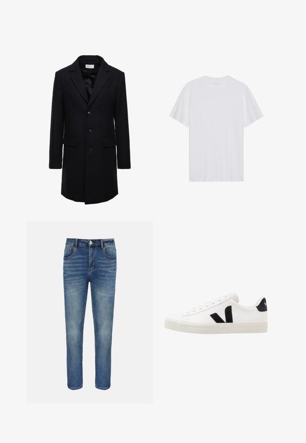 Abrigo de lana azul marino oscuro con un corte entallado, diseño de un solo botón, solapas en pico y dos bolsillos frontales, que cuenta con un cierre de botón.; Camiseta de algodón blanca con mangas cortas, cuello redondo y una textura suave. Presenta una marca mínima en el escote.; Jeans vaqueros azul de corte recto con botón y cremallera delanteros, trabillas para cinturón y bolsillos delante y detrás.; Zapatilla de cuero blanca con acentos de ante negro; presenta una suela de goma, puntera redonda y un diseño clásico de cordones. Logo lateral en negro.