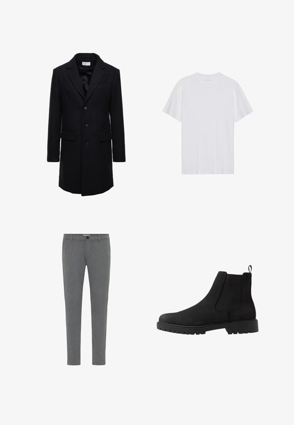 Manteau en laine bleu marine foncé au fit ajusté, à boutonnage simple, avec revers en pointe et deux poches à l'avant, doté d'une fermeture à bouton.; T-shirt en coton blanc à manches courtes, col rond et texture lisse. Présente un branding minimal au niveau du col.; Pantalons gris sur mesure en tissu texturé, avec une taille standard dotée de passants de ceinture, une fermeture éclair et un bouton unique.; Pier One UNISEX - Bottines - black
