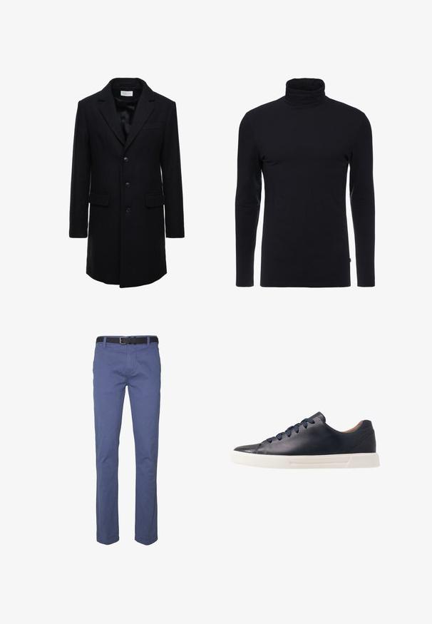 Donkerblauwe wollen jas met een getailleerde pasvorm, een enkelgeknoopt ontwerp, pieklapels en twee zijzakken, voorzien van een knoopsluiting.; Zwarte lange mouw turtleneck shirt gemaakt van zachte, rekbare stof. Heeft een aansluitend ontwerp en een gladde textuur. Geen zichtbare patronen of accenten.; Chino's in donkerblauwe katoenstof, met een rechte pasvorm, voorzien van een zwarte riem en discrete zakdetails. Zachte textuur.; Marineblauwe leren sneakers met een gladde afwerking, platte witte rubberen zool, ronde neus en zes marineblauwe veters die door ronde oogjes zijn geregen.