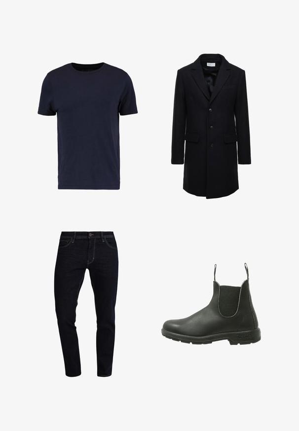 Abrigo de lana azul marino oscuro con un corte entallado, diseño de un solo botón, solapas en pico y dos bolsillos frontales, que cuenta con un cierre de botón.; Pier One Camiseta básica - dark blue; Jeans de mezclilla azul oscuro con un corte recto clásico. Presenta sutiles acentos de costura y un cierre frontal de botón.; Bota Chelsea de cuero negro con paneles laterales elásticos, puntera redondeada y suela de goma texturizada, diseñada para un uso fácil al poner y quitar.