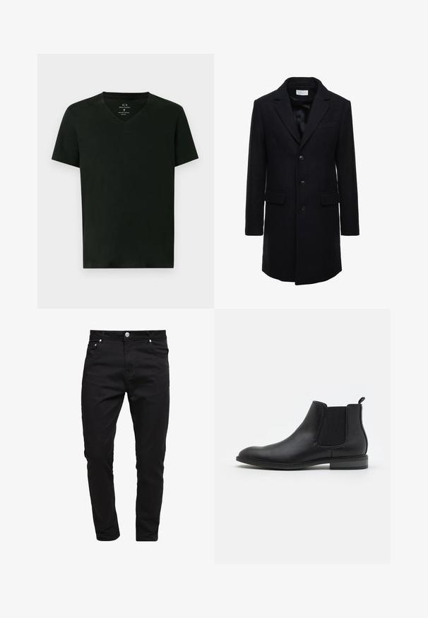 Dunkelblauer Wollmantel mit tailliertem Schnitt, einreihigem Design, Spitzenrevers und zwei Fronttaschen, mit Knopfverschluss.; Schwarzes Armani Exchange Herren Baumwoll-T-Shirt mit kurzen Ärmeln und V-Ausschnitt, Größe M, flach auf weißem Hintergrund präsentiert.; Schwarze Jeans aus Denim-Stoff, schlanke Passform, Fünf-Taschen-Stil, Metallknopfverschluss, mit Steppnähten und einer glatten Textur.; Schwarze Leder-Chelsea-Stiefel mit elastischen Seitenpaneelen, runder Zehenform und Zugschlaufe, ausgestattet mit einem niedrigen Blockabsatz und glatter Textur.