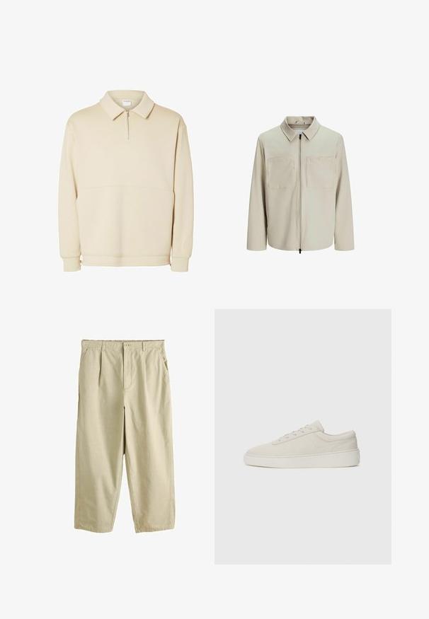 Beige jasje van zachte stof, met een kraag, een voorrits en twee grote borstzakken. Lange mouwen met een relaxte pasvorm.; Beige pullover sweatshirt gemaakt van zachte stof, met een ritssluiting bij de hals, een kraag en een ontspannen pasvorm met een eenvoudig horizontaal naaddetail.; Beige broek met rechte pijpen, knoopsluiting, voorplooien en zijzakken, afgebeeld op een witte achtergrond.; Beige sneakers met een zachte suede afwerking, ronde neus en platte rubberen zool. Beschikt over vetersluiting en een minimalistisch ontwerp met subtiele stiksels.