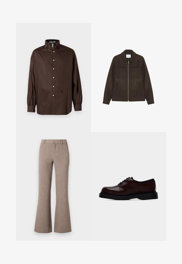 Veste zippée en laine brun foncé avec deux poches poitrine, deux poches latérales et un col.; Chemise longue à manches marron en tissu lisse avec un col classique, fermeture à boutons sur le devant et poignets élastiqués ; présente un détail logo subtil.; Pantalons évasés beiges en tissu texturé, avec fermeture éclair et poches latérales pour plus de fonctionnalité. Design ajusté.; Chaussure Oxford en cuir marron poli avec semelle et lacets noirs, vue latérale sur fond gris clair uni.