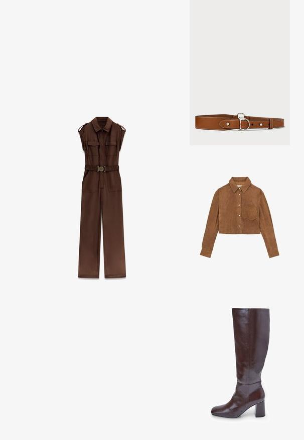 Afskåret brun ruskinds skjorte med spidse krave, forlommer og metalknapper. Glat tekstur med lange ærmer og tætsiddende pasform.; Brun ærmeløs jumpsuit med krave, brystlommer, vide ben og et matchende bælte med rund spænde.; Brune læder knæhøje støvler med firkantet tå og en chunky hæl. Finishen er blank, hvilket fremhæver den glatte tekstur og designlinjer.; Læderbælte i tan farve med en glat texture, prydet med hvid syning, en rund sølvfarvet spænde og et simpelt design med bæltehuller.