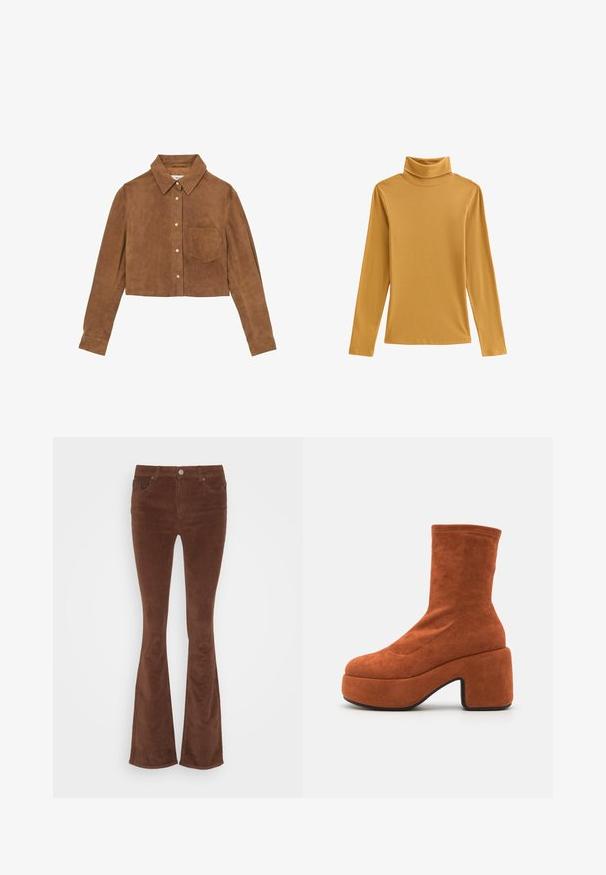 Afskåret brun ruskinds skjorte med spidse krave, forlommer og metalknapper. Glat tekstur med lange ærmer og tætsiddende pasform.; Sennepsgul turtleneck top af ribstrikket stof med lange ærmer og en tætsiddende pasform. Glat tekstur med høj hals.; Brune fløjl flared jeans med en glat overflade, fem lommer og en enkelt metalknap i taljen.; Brune ruskind ankelstøvler med blokhæl og platformssål. Overdelen har en glat tekstur og syninger, der strækker sig til midten af læggen.