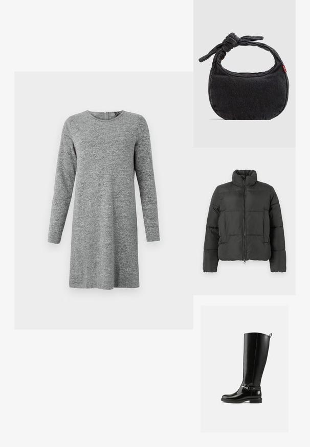 Vero Moda VMPARDA - Veste d'hiver - black; Robe en maille à manches longues, gris clair, avec un col rond et une fermeture éclair dans le dos.; Bottes noires montantes en cuir verni, avec un détail de boucle argentée à la cheville et une conception à bout arrondi. Semelle plate.; Petit sac d'épaule en denim noir avec une sangle nouée et une fermeture éclair, arborant une étiquette en tissu rouge Levi's sur le côté.