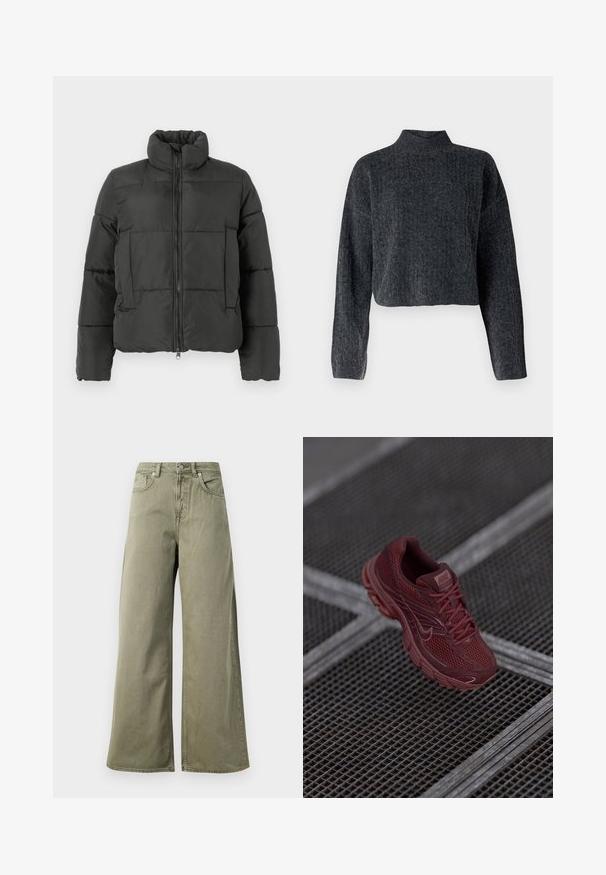 Vero Moda VMPARDA - Talvejope - black; Lühendatud, tumehall sviiter kõrge kaelusega ja pikkade varrukatega. Valmistatud tekstureeritud kudumkangast, millel on kogu pinnal peened mustrid.; Kõrgelt taljest, oliivirohelised laiad teksased, millel on ees nupp, tõmblukk ja viie-tasku disain valgel taustal.; Punane Nike jooksutoss, millel on võrkkangas ülemine osa, tekstureeritud detailid, pehmendatud krae ja paks tald, asetatud ruudulisele pinnale.