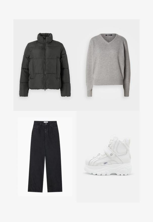 Vero Moda VMPARDA - Chaqueta de invierno - black; Suéter gris de cuello en v hecho de un suave material de punto. Presenta mangas largas y puños y dobladillo acanalados. Diseño simple y clásico sin patrones.; Jeans de mezclilla negros de talle alto y pierna ancha con cierre frontal de botón y cremallera, pasadores para el cinturón y estilo de cinco bolsillos.; Zapatillas altas blancas de cuero, con correa de hebilla, puntera redonda, suela gruesa y detalles de costura vertical.