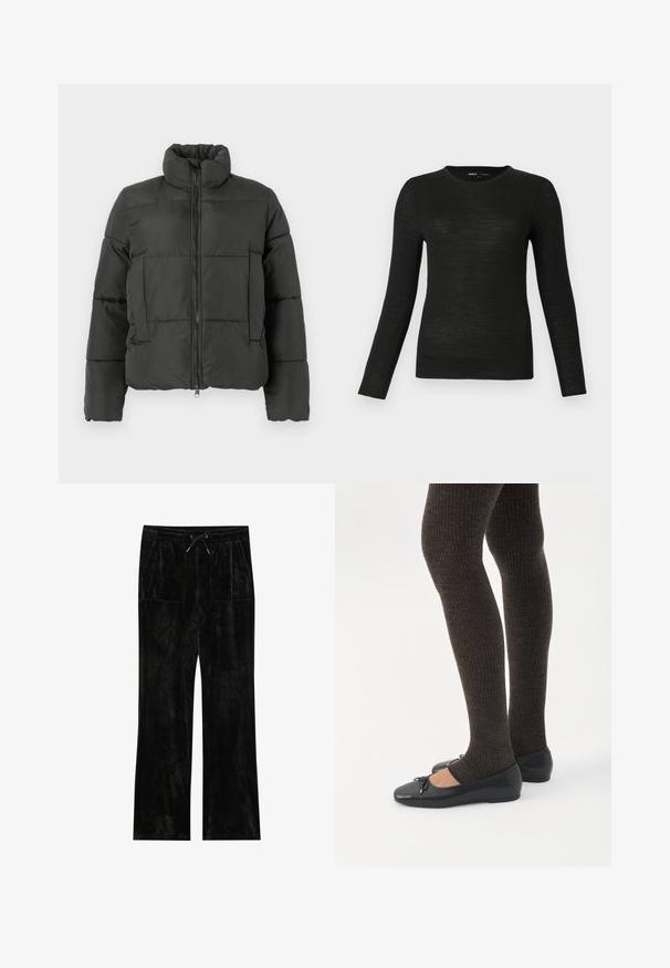 Vero Moda VMPARDA - Χειμωνιάτικο μπουφάν - black; Μαύρος μακρυμάνικος φούτερ με λαιμόκοψη σε στυλ crew και στενή εφαρμογή, με λεία υφή, παρουσιασμένος σε απλή ανοιχτό γκρι φόντο.; Μαύρο βελούδινο παντελόνι με απαλή υφή, ευρύχωρο σχέδιο ποδιών, ελαστική μέση, κλείσιμο με κορδόνι και δύο μπροστινές τσέπες.; Πόδια με σκουρόχρωμα ριμπ κολάν συνδυασμένα με μαύρα μπαλαρίνα παπούτσια με μικρές λεπτομέρειες φιόγκων σε λευκό φόντο.