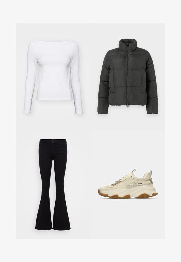 Vero Moda VMPARDA - Zimná bunda - black; Biela dlhá tričko s dlhým rukávom a štvorcovým výstrihom, slim fit, vyrobené z jemného bavlneného materiálu. Hladká textúra, bez vzorov alebo akcentov.; Čierne rozšírené džínsy s hladkým materiálom, stredne vysokým pásom, prednými vreckami a zapínaním na gombík. Spodná časť nohavíc sa smerom nadol rozširuje.; Beige sieťované a syntetické tenisky s robustnou bielou podrážkou, textúrovanými akcentmi a hnedou gumovou podrážkou. Logo "STEVE MADDEN" na boku.