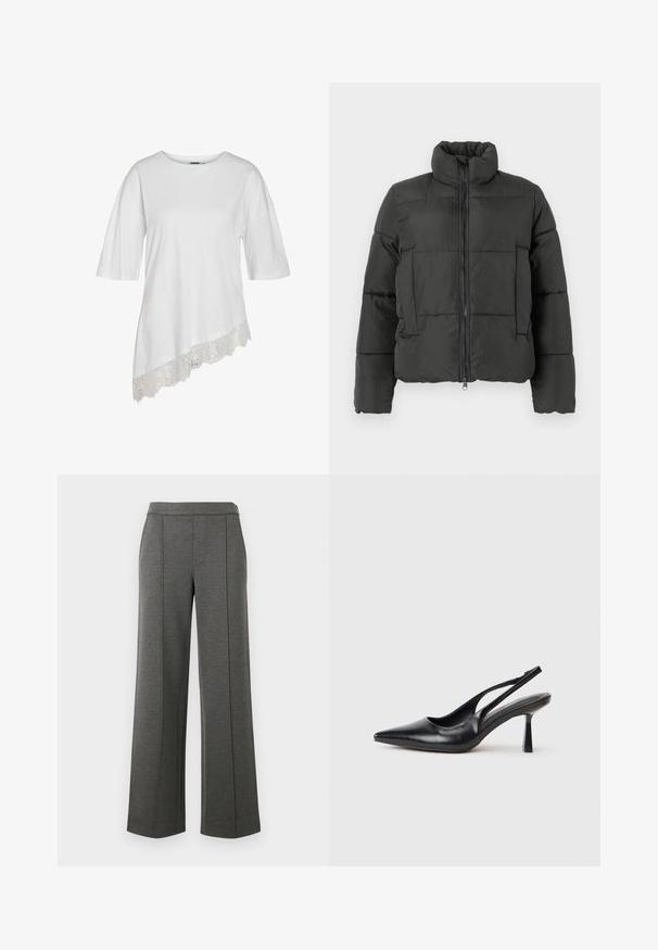 Vero Moda VMPARDA - Χειμωνιάτικο μπουφάν - black; Λευκό βαμβακερό t-shirt με κοντά μανίκια και ασύμμετρο τελείωμα που διαθέτει λεπτομερή δαντέλα στη κάτω άκρη.; Γκρι παντελόνια σε φαρδιά γραμμή φτιαγμένα από υφαντό ύφασμα, με λείο εσωτερικό και κατακόρυφες ραφές, προσφέροντας μια χαλαρή και ρέουσα εφαρμογή.; Μαύρο δερμάτινο παπούτσι με λουράκι και ψηλό τακούνι, με μυτερή μύτη και λεπτό τακούνι σε λευκό φόντο.