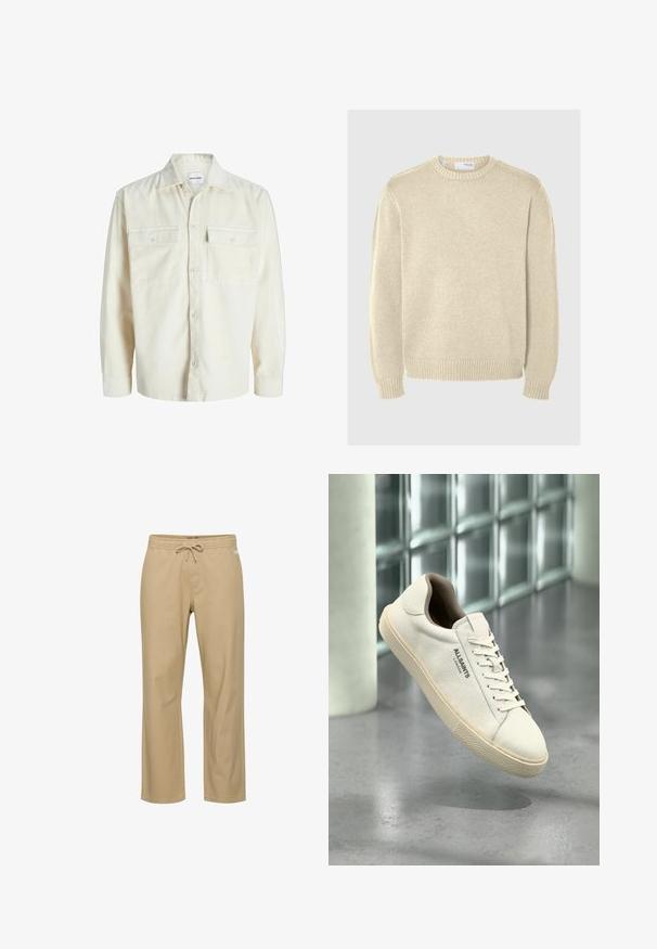 Off-white kordfløjl skjorte med lange ærmer, knaplukning foran og to brystlommer med klap og knapper.; Lys beige striktrøje med rund halsudskæring, lange ærmer, ribbede manchetter og kant. Glat tekstur med et mellemtykt mønster.; Beige bomuldsbukser med afslappet pasform, elastik i taljen og snøre. Har sidelommer og lige ben. Ingen synlige mønstre.; Hvid lærreds-sneaker med beige sål og snørebånd, "AllSaints London" logo på siden, svævende over en grå poleret gulv nær glasblokke.