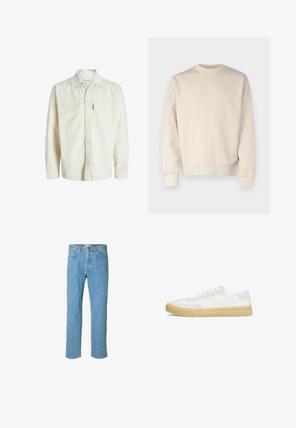 Off-white kordfløjl skjorte med lange ærmer, knaplukning foran og to brystlommer med klap og knapper.; Lys beige sweatshirt med rund hals, ribbede manchetter og kant. Fremstillet af blødt stof med en glat tekstur. Minimalistisk design uden mønstre.; Lyseblå denimjeans med lige ben-design. Funktioner inkluderer en knapgylp, fem lommer og syede detaljer langs sømmene.; Hvide sneakers lavet af læder og ruskind, med snørestropper, en tan gummisål og et lille logo på siden.