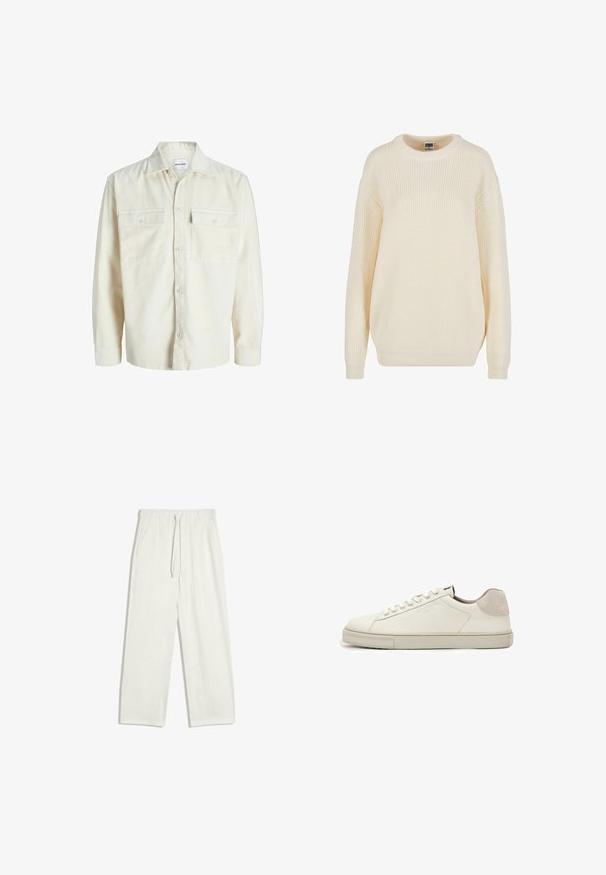 Off-white corduroy overhemd met lange mouwen, knoopsluiting aan de voorkant en twee borstzakken met klep en knopen.; Crèmekleurige geribde trui met een ronde halslijn, verlaagde schouders en een ontspannen pasvorm; voorzien van een textuur breisel en geribde manchetten.; Witte losse broek met elastische tailleband en trekkoord, zijzakken en rechte pijpen.; Witte leren lage sneaker met witte veters, licht gestructureerde zool en lichtgrijze suède hielpatch, zijaanzicht.