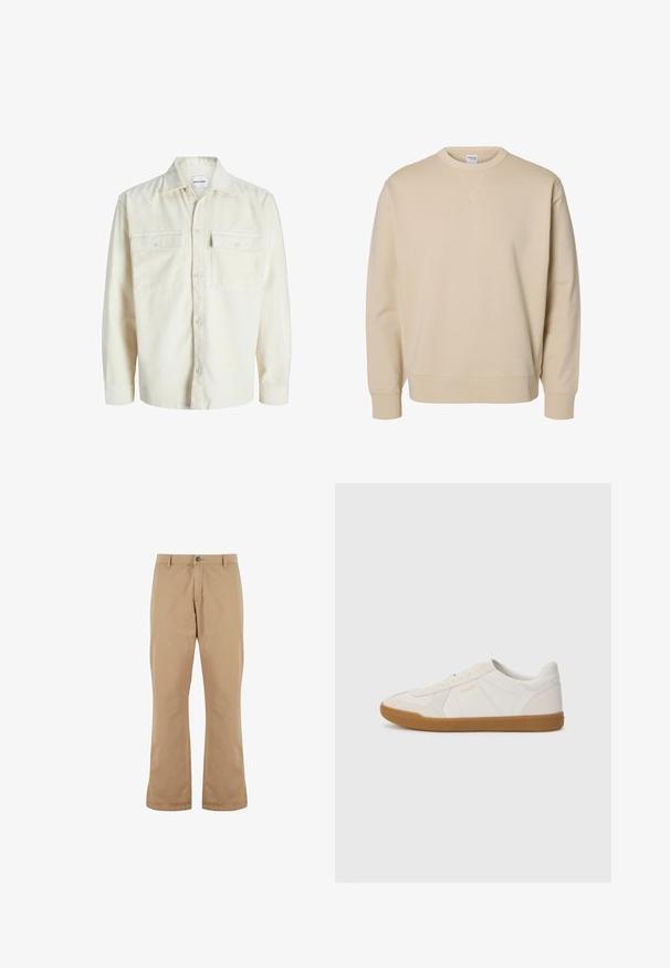 Camisa de terciopelo en color blanco roto, de manga larga, con botones en la parte frontal y dos bolsillos en el pecho con solapa y botones.; Sudadera beige con cuello redondo, mangas largas, puños y bajo acanalados, y un pequeño detalle en forma de V cosido debajo del cuello.; Pantalones de algodón beige con un corte recto, que cuentan con un cierre de botón, bolsillos frontales y una textura suave.; Zapatilla blanca hecha de cuero suave con suela de goma, con costuras sencillas y un pequeño logo dorado en el lado.
