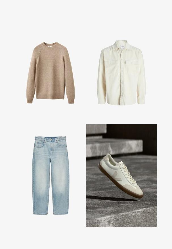 Off-white kordfløjl skjorte med lange ærmer, knaplukning foran og to brystlommer med klap og knapper.; Beige strikket sweater med rund hals, ribbestrikkede manchetter og kant. Har en struktureret overflade og raglanærmer. Klassisk pasform.; Lyseblå højtaljede jeans med lige ben, forlommer, bæltestropper og lukning med metalknap.; Hvide læder sneakers med tanfarvet gummisål, flade snørebånd og V-formet detalje på siden. Har en glat overflade og minimale syninger.