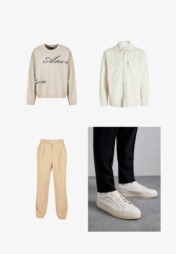 Off-white kordfløjl skjorte med lange ærmer, knaplukning foran og to brystlommer med klap og knapper.; Beige strikket sweater med grønne kursiverede bogstaver. Ribbet halsudskæring og manchetter, afslappet pasform, med blød tekstur.; Beige skræddersyede bukser med forkantede folder, knaplukning og tapered ankel, lavet af letvægtsmateriale. Glat tekstur og lige pasform.; Lys beige lædersneakers med flade snørebånd, en tekstureret overflade og en kontrasterende cremelilla gummisål, båret med sorte tapered bukser.