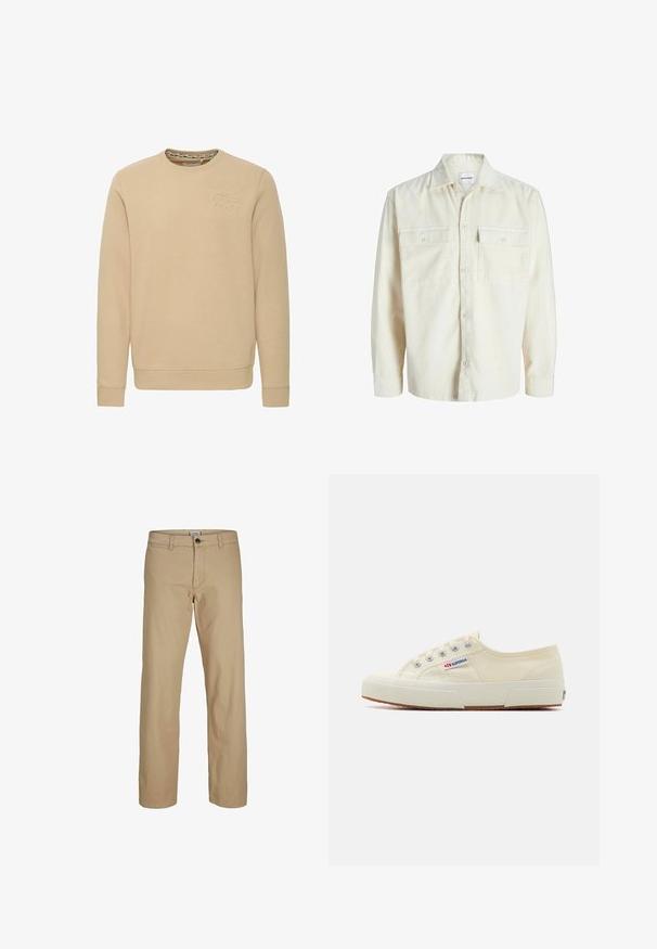 Chemise en velours côtelé écru à manches longues avec fermeture à boutons et deux poches à rabat sur la poitrine avec boutons.; Sweat-shirt beige à manches longues et col rond avec un design de montagne subtilement embossé et le texte ""ENJOY"" sur la poitrine.; Pantalon beige à jambes droites avec fermeture à boutons, passants pour ceinture et poches avant, présenté sur un fond blanc.; Baskets en toile beige au design épuré, œillets en métal et semelle en caoutchouc. Présente un motif texturé et un détail de logo sur le côté.