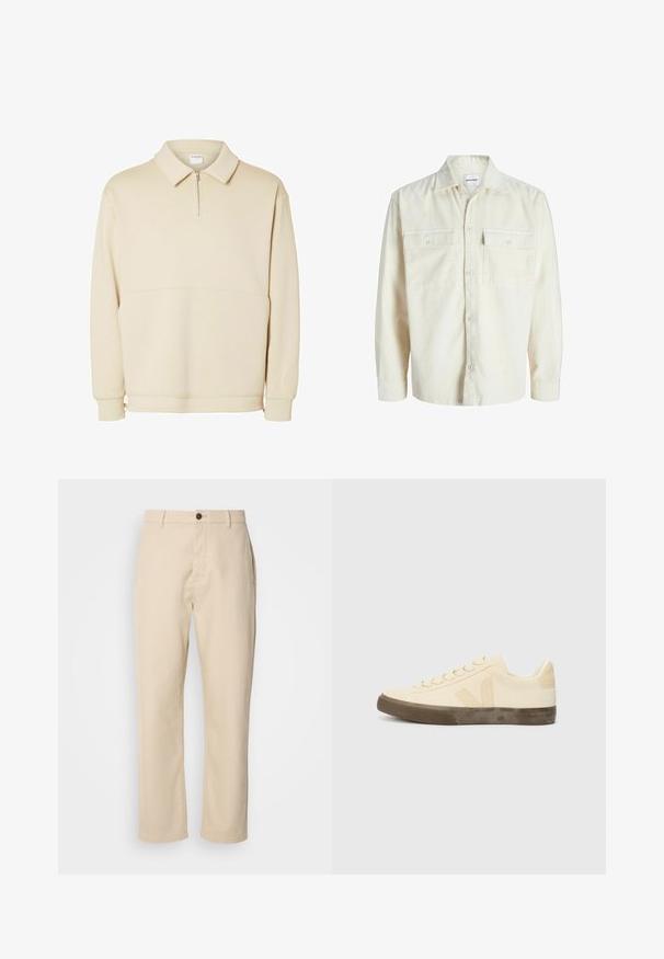 Off-white kordfløjl skjorte med lange ærmer, knaplukning foran og to brystlommer med klap og knapper.; Beige pullover sweatshirts lavet af blødt stof, med lynlås i halsen, krave og en afslappet pasform med en simpel vandret sømdetalje.; Beige bomuldsbukser med lige ben, en frontknaplukning, sidelommer og en glat tekstur. Minimalistisk design, ingen synlige mønstre.; Beige lærredssko med rund tå, flade snørebånd og struktureret brun gummisål. Har et logo på siden og et minimalistisk design.