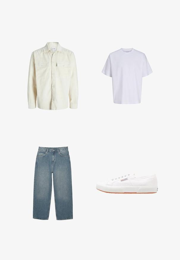 Off-white corduroy overhemd met lange mouwen, knoopsluiting aan de voorkant en twee borstzakken met klep en knopen.; Effen witte oversized T-shirt met korte mouwen, ronde hals en losse pasvorm tegen een witte achtergrond.; Blauwe high-waisted straight-leg jeans met voorzakken, riemlussen, knoopsluiting en subtiele vervaging op een witte achtergrond.; Witte canvas sneakers met een rubberen zool, vetersluiting en een klein logolabel aan de zijkant. Gewreven wit bovenwerk en een bruine zool.