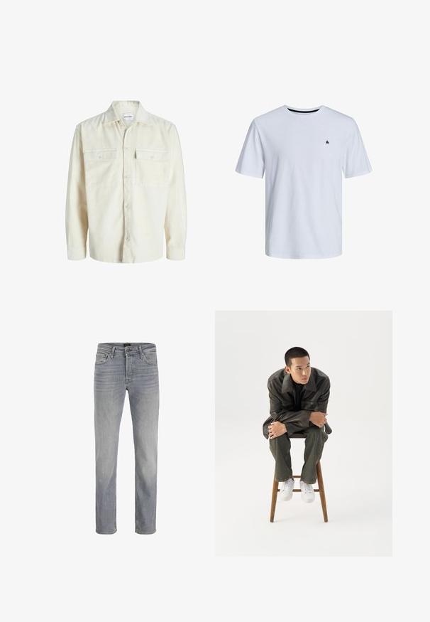 Off-white corduroy overhemd met lange mouwen, knoopsluiting aan de voorkant en twee borstzakken met klep en knopen.; Witte katoenen T-shirt met korte mouwen, ronde halslijn en een klein zwart accentlogo op de linkerborst.; Lichtgrijze denim jeans met een recht gesneden ontwerp, vijf zakken en een klassieke knoopsluiting. Gladde stofstructuur en een nette afwerking.; Jonge man in een donkere leren jas en spijkerbroek zit op een houten kruk, leunt naar voren met gekruiste armen en kijkt naar de zijkant tegen een witte achtergrond.