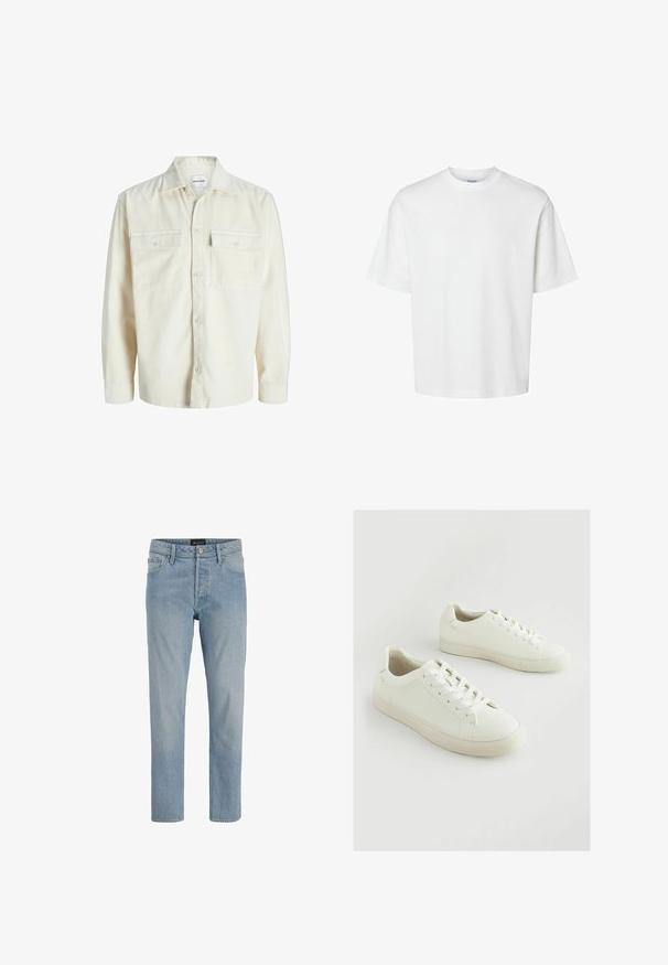Off-white corduroy pitkähihaine paita, jossa on napit edessä ja kaksi rintataskua, joissa on napit.; Yksinkertainen valkoinen lyhythihainen paita pyöreällä pääntiellä ja rento istuvuus, esitetty valkoisella taustalla.; Vaaleansiniset farkut suoran leikkauksen, viiden taskun designin, nappisuljennan ja kevyesti haalistuneen pinnan kanssa.; Valkoiset tennarit, jotka on valmistettu teksturoidusta synteettisestä materiaalista ja joissa on pyöreä kärki, nauhallinen malli sekä hieman korotettu kumipohja.