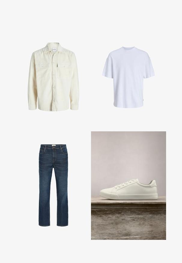 Off-white kordfløjl skjorte med lange ærmer, knaplukning foran og to brystlommer med klap og knapper.; Hvid bomulds t-shirt med rund halsudskæring og korte ærmer. Har en løs pasform og glat tekstur, uden synlige mønstre eller detaljer.; Mørkeblå denim jeans med lige snit, fem lommer, kontrasterende syninger og en talje med en metalknap og bæltesløjfer.; Hvide snørresneakers svævende over en træbænk med grønne planter i baggrunden, der fremhæver skodesign og tekstur.