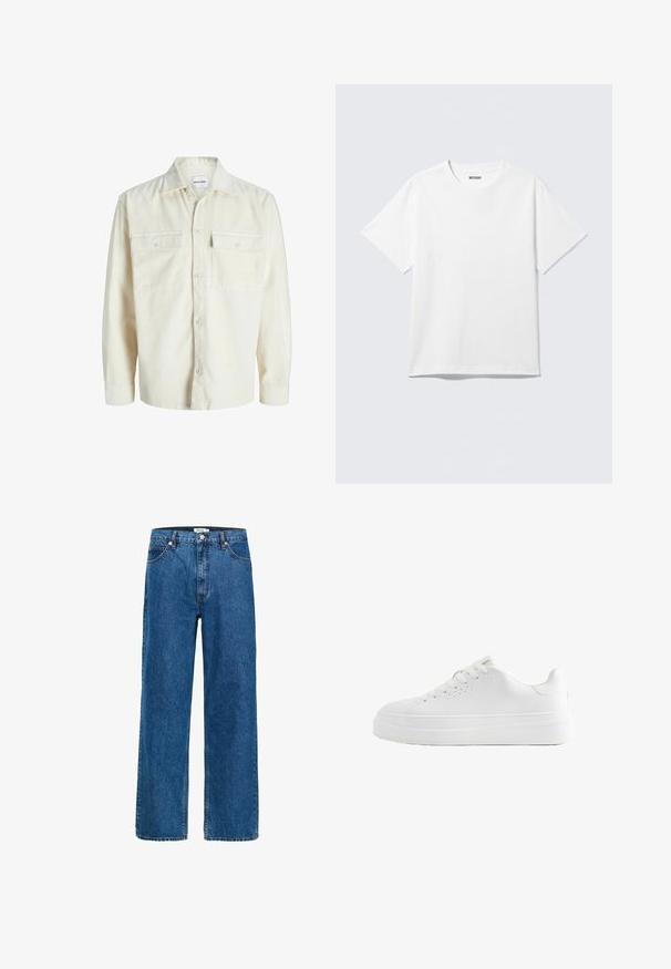 Off-white kordfløjl skjorte med lange ærmer, knaplukning foran og to brystlommer med klap og knapper.; Hvid kortærmet crewneck T-shirt lagt fladt ud, ensfarvet design, med "WEEKDAY" mærkat inde i kraven på en lys baggrund.; Bredde ben jeans i mørk blå denim. Funktionen inkluderer fem lommer, en knaplukning og diskret syning. Glat tekstur med minimal falming.; Hvid lavtop sneaker med tyk sål, snørebånd foran og små ventilationshuller på siden, vist i profil.