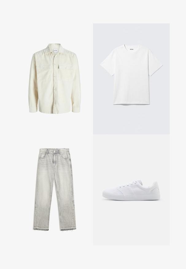 Off-white kordfløjl skjorte med lange ærmer, knaplukning foran og to brystlommer med klap og knapper.; Hvid kortærmet crewneck T-shirt lagt fladt ud, ensfarvet design, med "WEEKDAY" mærkat inde i kraven på en lys baggrund.; Lys grå denimjeans med en let falmet finish, lige pasform, fem-lomme design og flosset søm. Flad taljebånd med bælteløkker.; Hvide lærreds sneakers med gummisål, der har seks snørehuller, en struktureret tåkap og et minimalistisk design.