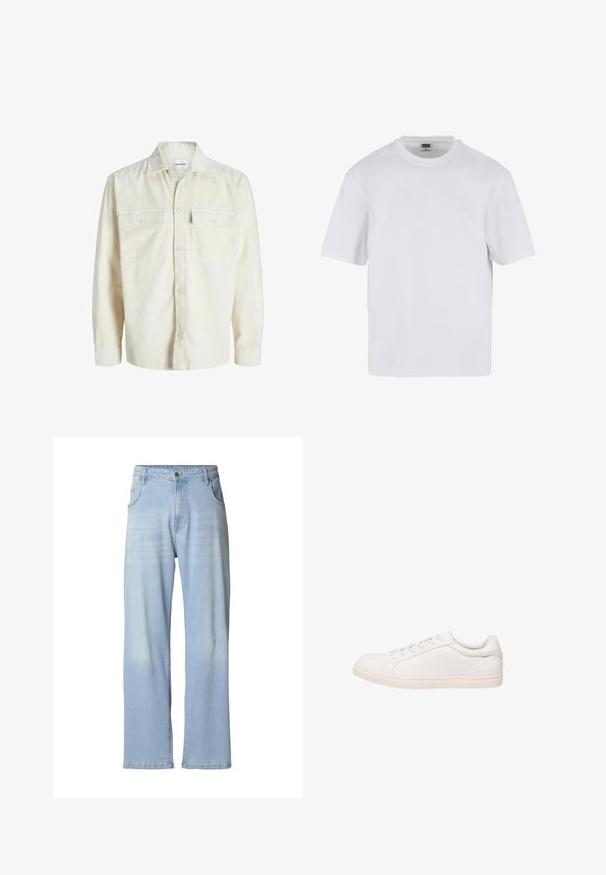 Off-white corduroy overhemd met lange mouwen, knoopsluiting aan de voorkant en twee borstzakken met klep en knopen.; Witte kraagloze t-shirt met korte mouwen, gemaakt van katoen. Heeft een ronde halslijn en een losse pasvorm. Soepele textuur, minimalistisch ontwerp, geen patronen of accenten.; Lichtblauwe denim jeans met een rechte pijp, voorzien van subtiele vervaging, vijf zakken en een metalen knoopsluiting bij de tailleband.; Witte low-top sneaker met veterluiting en platte zool, weergegeven in zijprofiel op een witte achtergrond.