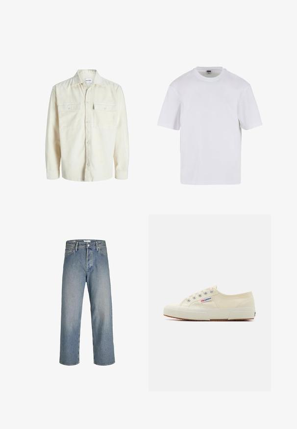 Chemise en velours côtelé écru à manches longues avec fermeture à boutons et deux poches à rabat sur la poitrine avec boutons.; T-shirt blanc à manches courtes en coton. Il présente un col rond et une coupe décontractée. Texture lisse, design minimaliste, sans motifs ni accents.; Jean en denim bleu clair avec une coupe ample, taille haute et jambes droites. Dispose de poches avant et d'une fermeture à bouton en métal.; Baskets en toile beige au design épuré, œillets en métal et semelle en caoutchouc. Présente un motif texturé et un détail de logo sur le côté.