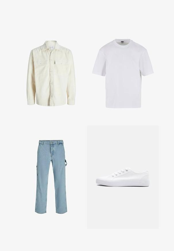 Chemise en velours côtelé écru à manches longues avec fermeture à boutons et deux poches à rabat sur la poitrine avec boutons.; T-shirt blanc à manches courtes en coton. Il présente un col rond et une coupe décontractée. Texture lisse, design minimaliste, sans motifs ni accents.; Pantalons cargo en denim bleu clair avec une coupe décontractée, dotés de boucles latérales et de poches avant, affichant une texture décolorée.; Baskets basses en toile blanche avec lacets blancs, semelle en caoutchouc et œillets métalliques, vues de côté extérieur sur un fond uni.