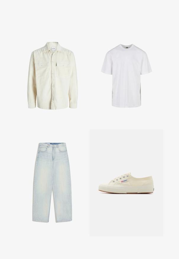 Chemise en velours côtelé écru à manches longues avec fermeture à boutons et deux poches à rabat sur la poitrine avec boutons.; T-shirt blanc uni à manches courtes avec col rond et coupe décontractée, présenté sur fond blanc.; Jean en denim délavé clair avec une coupe ample à jambes larges. Comporte un design à cinq poches et une fermeture simple par bouton en métal. Ourlet effiloché à la base.; Baskets en toile beige au design épuré, œillets en métal et semelle en caoutchouc. Présente un motif texturé et un détail de logo sur le côté.