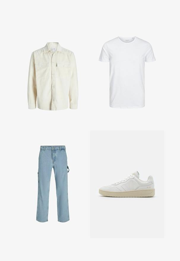 Off-white corduroy overhemd met lange mouwen, knoopsluiting aan de voorkant en twee borstzakken met klep en knopen.; Ronde hals kortemouwen t-shirt in effen wit, gemaakt van zachte katoen, heeft een eenvoudig ontwerp zonder zichtbare patronen of accenten.; Lichtblauwe denim cargo pants met een ontspannen pasvorm, voorzien van zijbevestigingslussen en voorzakken, met een vervaagde textuur.; Witte leren sneakers met een gestructureerde afwerking en een gevoerde kraag. Voorzien van een beige rubberen zool en subtiele branding op de hiel en zijkant.