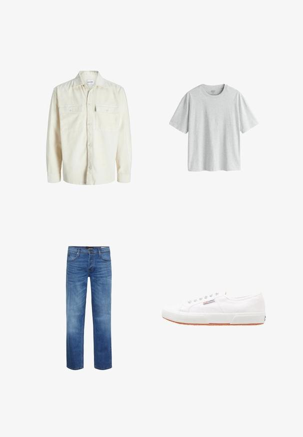 Helleitung Kordhemd mit langen Ärmeln, Knopfleiste und zwei Brusttaschen mit Klappen und Knöpfen.; Hellgraues T-Shirt mit kurzen Ärmeln aus einem weichen, glatten Stoff, mit rundem Ausschnitt und lockerem Schnitt. Keine sichtbaren Muster oder Grafiken.; Hellblaue Jeans aus Denim mit einem verwaschenen Finish, gerader Schnitt, Fünf-Taschen-Design und einem Reißverschluss. Mit brauner Naht und einem Logo-Patch.; Weiße Leinensneaker mit Gummisohle, Schnürdesign und einem kleinen Logolabel an der Seite. Strukturierte weiße Oberseite und braune Außensohle.