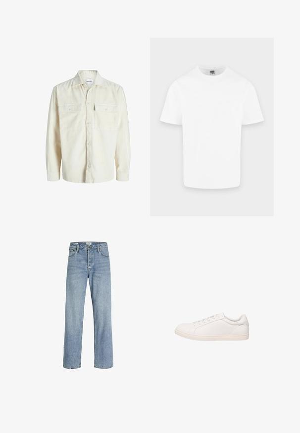 Off-white kordfløjl skjorte med lange ærmer, knaplukning foran og to brystlommer med klap og knapper.; Enkelt hvid kortærmet T-shirt med rund hals i bomuld vist på en lys grå baggrund.; Lyseblå denimjeans med lige ben, høj talje, fem-lommers design og subtilt slid, med metalknaplukning.; Hvid lavt sneakersko med snørelukning og flad sål, vist i sideprofil på hvid baggrund.