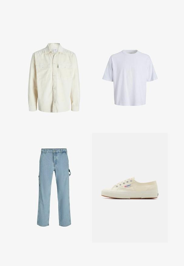 Camisa de terciopelo en color blanco roto, de manga larga, con botones en la parte frontal y dos bolsillos en el pecho con solapa y botones.; Camiseta de algodón blanca con cuello redondo, mangas cortas y un corte relajado. Textura suave y diseño minimalista sin patrones ni acentos visibles.; Pantalones cargo de mezclilla azul claro con un corte relajado, que cuentan con lazos de sujeción laterales y bolsillos frontales, mostrando una textura desgastada.; Zapatillas de lona beige con un diseño de perfil bajo, ojales de metal y suela de goma. Presenta un patrón texturizado y detalle del logo en el lateral.