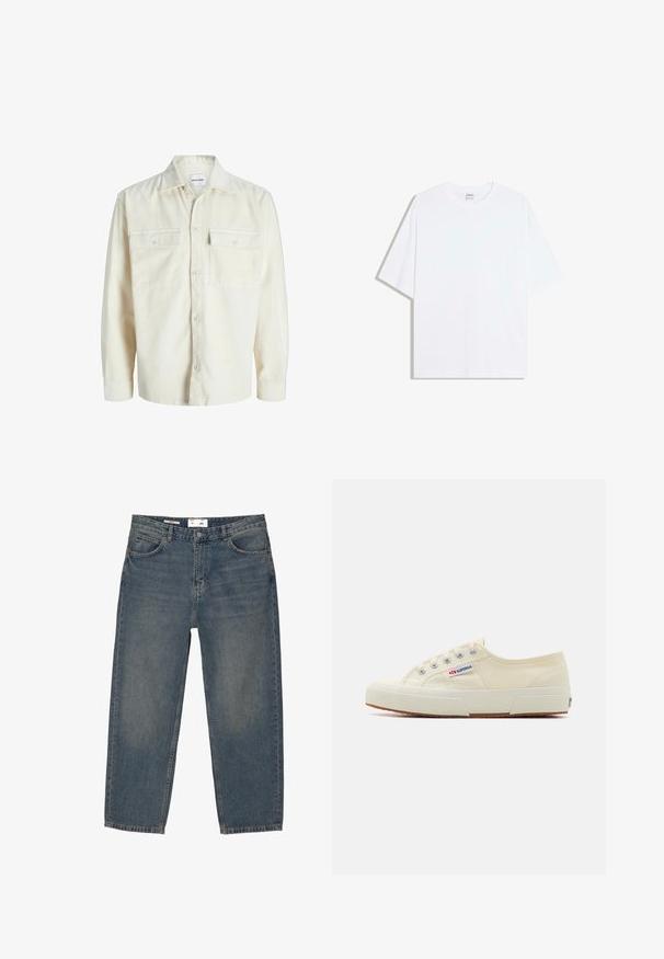 Off-white kordfløjl skjorte med lange ærmer, knaplukning foran og to brystlommer med klap og knapper.; Hvid oversized bomulds t-shirt med rund hals og korte ærmer; glat tekstur, uden synlige mønstre eller accenter.; Blå denimjeans med en løs pasform, der har et klassisk fem-lomme design og minimal falming. Inkluderer en knaplukning og bæltestropper.; Beige lærredssneaker med et lavprofildesign, metaløjet og gummisål. Har et tekstureret mønster og logodetalje på siden.