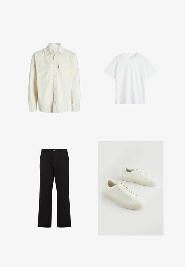 Chemise en velours côtelé écru à manches longues avec fermeture à boutons et deux poches à rabat sur la poitrine avec boutons.; T-shirt en coton blanc avec col rond, manches courtes et coupe décontractée. Présente une petite étiquette de marque en bas à gauche.; Pantalon noir à jambes droites avec fermeture à boutons sur le devant, passants de ceinture et poches latérales, présenté sur fond blanc.; Baskets blanches en matériau synthétique texturé, dotées d'une pointe ronde, d'un design à lacets et d'une semelle en caoutchouc légèrement surélevée.