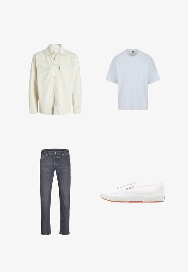 Off-white kordfløjl skjorte med lange ærmer, knaplukning foran og to brystlommer med klap og knapper.; Hvid bomulds T-shirt med rund halsudskæring, korte ærmer og lige snit. Har subtile syningsdetaljer på skuldrene.; Mørkegrå denimjeans med lige ben, knap- og lynlåslukning, for- og baglommer samt bæltestropper.; Hvide kanvas sneakers med gummisål, snørebåndsdesign og et lille logo mærke på siden. Tekstureret hvid overdel og brun ydersål.