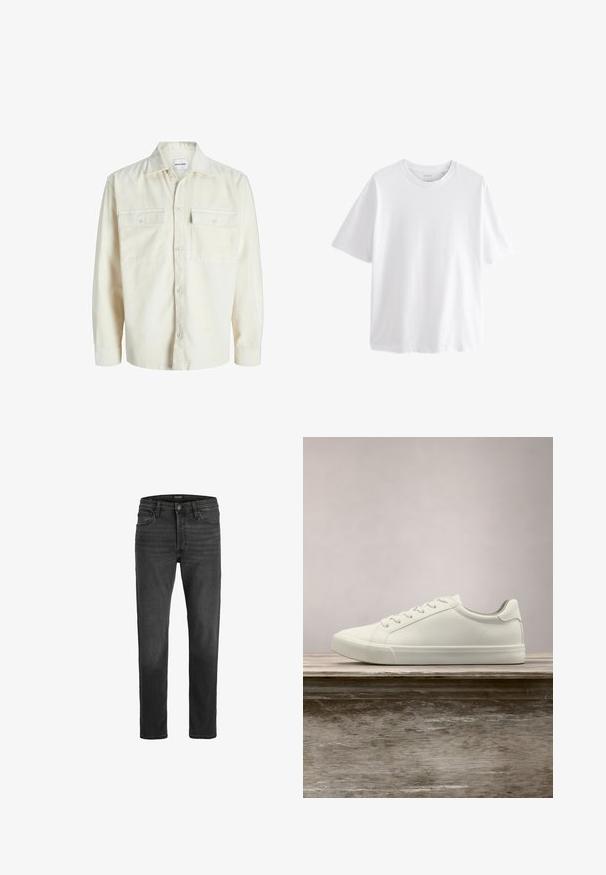 Off-white kordfløjl skjorte med lange ærmer, knaplukning foran og to brystlommer med klap og knapper.; Simpel hvid T-shirt med korte ærmer og rund hals med en afslappet pasform på hvid baggrund.; Sorte denim jeans med lige pasform, fem-lomme design og lynlås. Har diskret falmning og kontrastsyninger.; Hvide snørresneakers svævende over en træbænk med grønne planter i baggrunden, der fremhæver skodesign og tekstur.