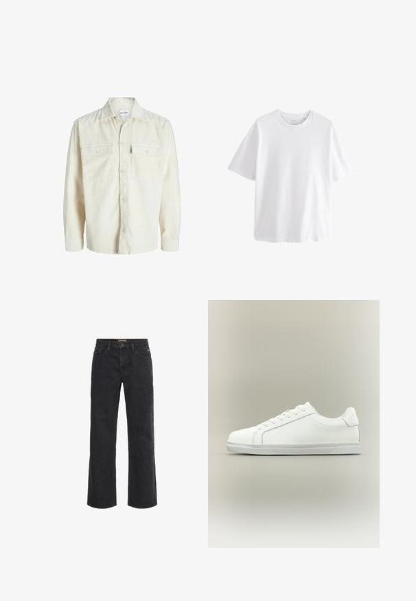 Off-white corduroy overhemd met lange mouwen, knoopsluiting aan de voorkant en twee borstzakken met klep en knopen.; Effen witte T-shirt met korte mouwen en ronde hals met een ontspannen pasvorm op een witte achtergrond.; Zwarte denim wijde broek met knoopsluiting, vijf zakken en een licht vervaagde textuur. Rechte snit van taille tot zoom.; Witte lage sneaker met veterluiting aan de voorkant en een gestructureerde rubberen zool tegen een neutrale achtergrond.