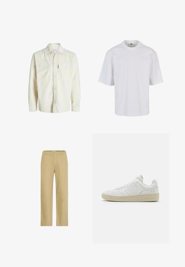 Chemise en velours côtelé écru à manches longues avec fermeture à boutons et deux poches à rabat sur la poitrine avec boutons.; T-shirt blanc à manches courtes en coton. Il présente un col rond et une coupe ample, avec une texture lisse et sans motifs ni graphiques visibles.; Pantalon beige léger avec une ceinture élastique, coupe droite, texture lisse, doté de poches latérales et d'une coupe décontractée.; Baskets en cuir blanc avec une finition texturée et un col rembourré. Elles sont dotées d'une semelle en caoutchouc beige et d'une discrète branding sur le talon et le côté.