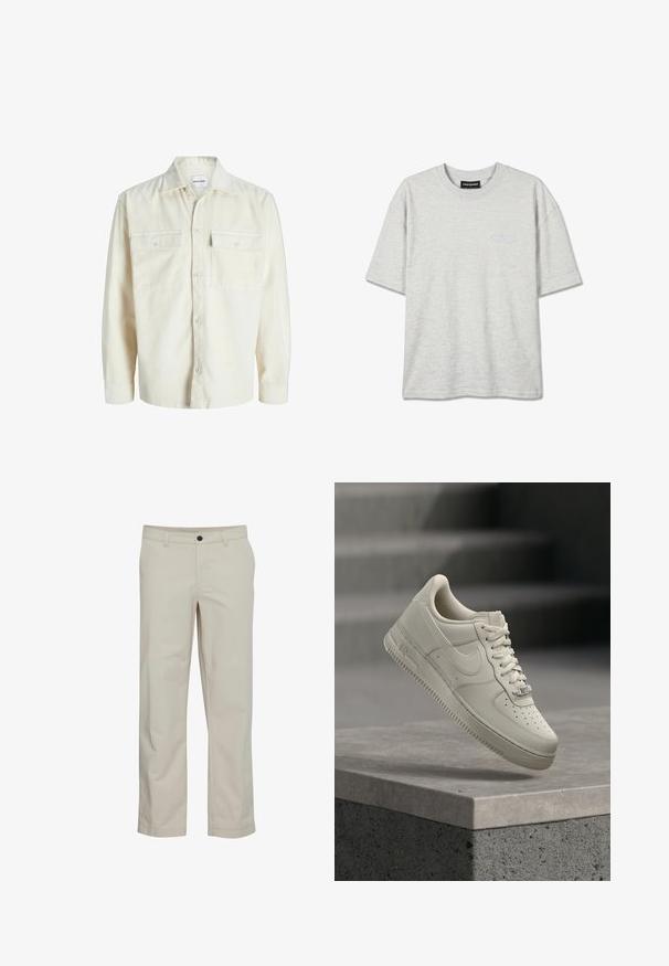 Off-white kordfløjl skjorte med lange ærmer, knaplukning foran og to brystlommer med klap og knapper.; Lysegrå kortærmet T-shirt med rund halsudskæring og diskret "PEGADOR"-logo på venstre bryst samt sort mærkat indvendig i halsen.; Beige bomuldsbukser med lige ben, frontlommer og enkelt knaplukning. Glat tekstur og minimale syningsdetaljer.; En enkelt beige sneaker med snørebånd svæver over en grå betonoverflade, Nike-swoosh synlig, sløret baggrund med trappe.