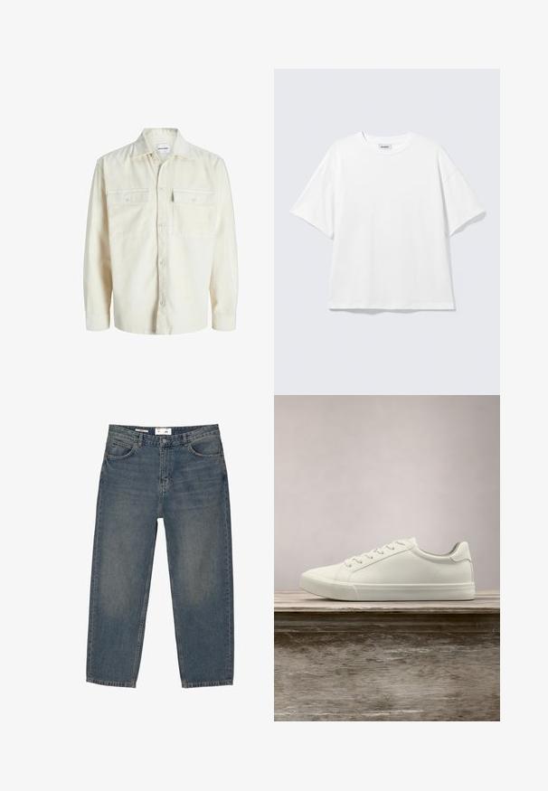 Off-white kordfløjl skjorte med lange ærmer, knaplukning foran og to brystlommer med klap og knapper.; Hvid oversized t-shirt med korte ærmer og rund halsudskæring med sænkede skuldre, fladt lagt på lys grå baggrund.; Blå denimjeans med en løs pasform, der har et klassisk fem-lomme design og minimal falming. Inkluderer en knaplukning og bæltestropper.; Hvide snørresneakers svævende over en træbænk med grønne planter i baggrunden, der fremhæver skodesign og tekstur.