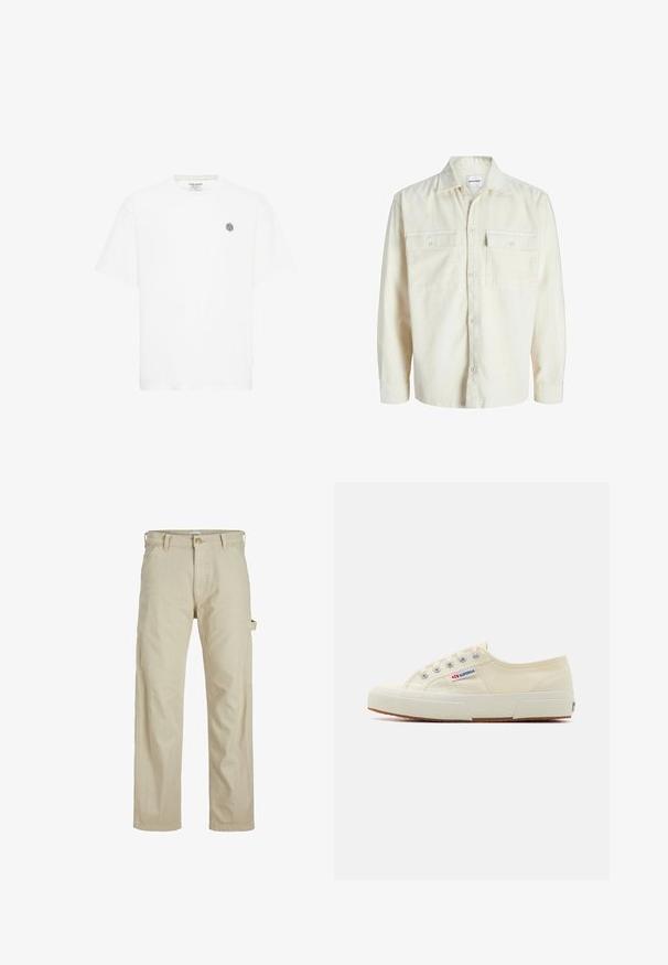 Off-white kordfløjl skjorte med lange ærmer, knaplukning foran og to brystlommer med klap og knapper.; Hvid kortærmet t-shirt med rund halsudskæring og et lille gråt geometrisk logo på venstre bryst. Lavet af blødt bomuldsmateriale.; Beige bomuldsbukser med lige pasform, som har en frontlukning med knap, sidelommer og en cargo-lomme på højre ben.; Beige lærredssneaker med et lavprofildesign, metaløjet og gummisål. Har et tekstureret mønster og logodetalje på siden.
